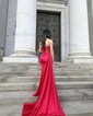 Sheath/Column V-neck Silk-like Satin Floor-length Prom Dresses With Beading