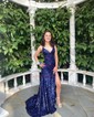 Trumpet/Mermaid V-neck Sequined Sweep Train Prom Dresses With Beading