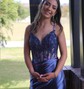 Trumpet/Mermaid V-neck Silk-like Satin Sweep Train Prom Dresses With Beading