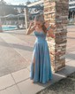 A-line Cowl Neck Glitter Sweep Train Prom Dresses With Pockets