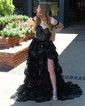 Ball Gown/Princess Off-the-shoulder Tulle Sweep Train Prom Dresses With Appliques Lace