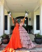 Ball Gown/Princess V-neck Glitter Sweep Train Prom Dresses With Tiered