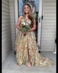 Ball Gown/Princess One Shoulder Tulle Sweep Train Prom Dresses With Appliques Lace