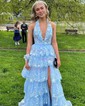 Ball Gown/Princess Halter Tulle Sweep Train Prom Dresses With Appliques Lace