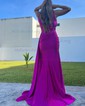 Trumpet/Mermaid V-neck Silk-like Satin Sweep Train Prom Dresses With Appliques Lace