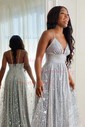 A-line Sweep Train V-neck Lace Split Front Prom Dresses