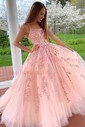 Ball Gown/Princess Floor-length Square Neckline Tulle Appliques Lace Prom Dresses