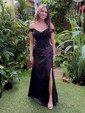 Sheath/Column Off-the-shoulder Silk-like Satin Sweep Train Prom Dresses With Beading