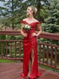 Sheath/Column Off-the-shoulder Silk-like Satin Sweep Train Prom Dresses With Beading