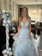 Ball Gown/Princess Floor-length V-neck Lace Organza Beading Prom Dresses