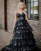 Ball Gown/Princess V-neck Tulle Sweep Train Prom Dresses With Appliques Lace