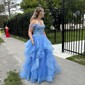 Ball Gown/Princess Off-the-shoulder Glitter Sweep Train Prom Dresses With Appliques Lace