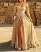 Ball Gown/Princess Sweep Train One Shoulder Glitter Cap Sleeves Ruffles Prom Dresses