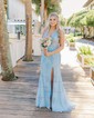 Trumpet/Mermaid Halter Tulle Sweep Train Prom Dresses With Appliques Lace