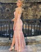 Sheath/Column Straight Lace Tulle Sweep Train Prom Dresses With Appliques Lace