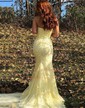 Sheath/Column Straight Lace Tulle Sweep Train Prom Dresses With Appliques Lace