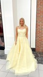 Ball Gown Scoop Neck Tulle Sweep Train Appliques Lace Prom Dresses