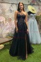 A-line One Shoulder Tulle Glitter Sweep Train Prom Dresses With Flower(s)