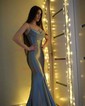 Trumpet/Mermaid V-neck Silk-like Satin Sweep Train Prom Dresses With Beading