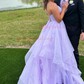 Ball Gown V-neck Glitter Floor-length Prom Dresses With Cascading Ruffles