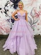 Ball Gown V-neck Glitter Floor-length Prom Dresses With Cascading Ruffles