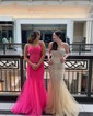 Trumpet/Mermaid V-neck Tulle Sweep Train Beading Prom Dresses