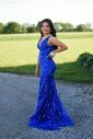 Trumpet/Mermaid V-neck Lace Sweep Train Prom Dresses With Beading