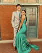 Trumpet/Mermaid V-neck Silk-like Satin Sweep Train Prom Dresses With Beading