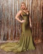 Trumpet/Mermaid V-neck Silk-like Satin Sweep Train Prom Dresses With Beading