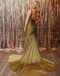 Trumpet/Mermaid V-neck Silk-like Satin Sweep Train Prom Dresses With Beading