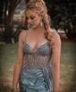 Corset Sheath/Column Satin V-neck Beaded Split Prom Dresses