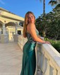 Corset Sheath/Column Satin V-neck Beaded Split Prom Dresses