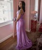 Sheath/Column Sweep Train Cowl Neck Silk-like Satin Ruffles Prom Dresses