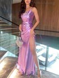 Sheath/Column Sweep Train Cowl Neck Silk-like Satin Ruffles Prom Dresses