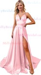 A-line Sweep Train V-neck Silk-like Satin Split Front Prom Dresses