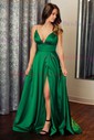 A-line Sweep Train V-neck Silk-like Satin Split Front Prom Dresses