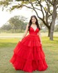 Ball Gown/Princess V-neck Tulle Glitter Sweep Train Prom Dresses With Tiered