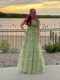 Ball Gown/Princess V-neck Tulle Sweep Train Prom Dresses With Sashes / Ribbons