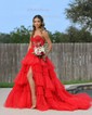 Ball Gown Strapless Tulle Ruffle Tiered Prom Dresses With Appliques