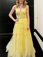 Ball Gown/Princess V-neck Tulle Glitter Sweep Train Prom Dresses With Appliques Lace