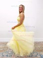 Ball Gown/Princess V-neck Tulle Glitter Sweep Train Prom Dresses With Appliques Lace