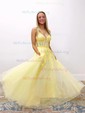 Ball Gown/Princess V-neck Tulle Glitter Sweep Train Prom Dresses With Appliques Lace