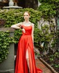 A-line Sweep Train Scoop Neck Silk-like Satin Pockets Prom Dresses