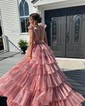 Glitter Ball Gown/Princess V-neck Tiered Split Prom Dresses