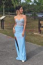 Sheath/Column Sweetheart Silk-like Satin Sweep Train Prom Dresses With Split Front