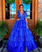 Glitter Ball Gown/Princess V-neck Tiered Split Prom Dresses