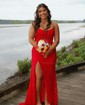 Corset Sheath/Column Lace Straight Ruched Split Prom Dresses