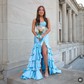 Mermaid Strapless Satin Ruffle Tiered Prom Dresses With Appliques