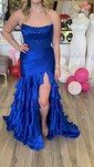 Mermaid Strapless Satin Ruffle Tiered Prom Dresses With Appliques