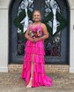 A-line V-neck Satin Tiered Prom Dresses With Beading
